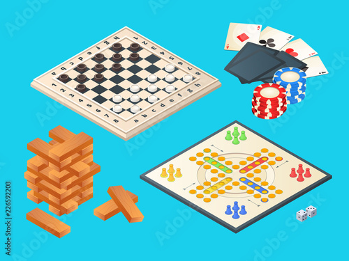 Board games. Vector isometric pictures of various boards games. Table game, block pyramid, checkers and play cards illustration