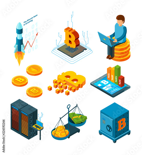 Crypto currency business. Digital ico startup at blockchain finance company globe crypto coins mining vector isometric icon. Cryptocurrency ico startup, farm device, blockchain isometric illustration