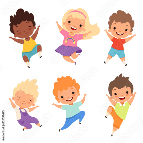 Jumping kids. Happy school children smile laugh boys and girls playing vector cartoon characters. Illustration of happy cartoon school boy and girl
