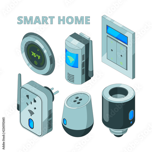 Smart house equipment. Movement sensors electric socket security cam vector isometric pictures. Illustration of home technology automation, panel supply, thermometer and switch