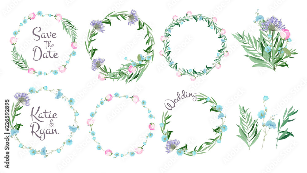 Floral frames. Circle shapes with flowers branches decorative elements simple leaf greeting cards layout wreath vector set. Floral wreath decorative, frame decoration for wedding illustration Floral frames. Circle shapes with flowers branches decorative elements simple leaf greeting cards layout wreath vector set. Floral wreath decorative, frame decoration for wedding illustration