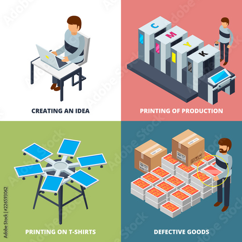 Printing office isometric. Printer laser colored copier plotter offset digital inkjet machines vector 3d pictures. Illustration of printer and printout inkjet device