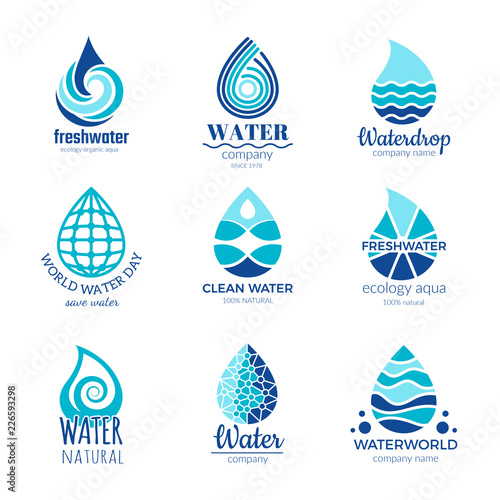 Water logos. Aqua water drops and splashes silhouette health rain spa vector symbols isolated with place for your text. Illustration of drop logo, droplet aqua emblem