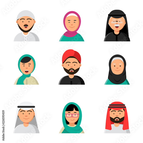 Islam people icon. Web arabic avatars muslim heads of male and female in hijab niqab vector saudi faces in flat style. Male and female muslim face, arab avatar illustration