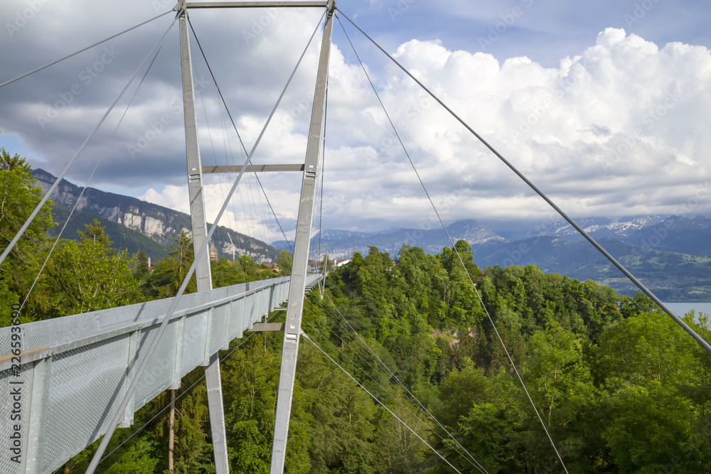 Obraz premium modern suspension bridge stretched between the mountains in Thun, Switzerland