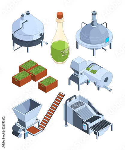 Olive oil extraction. Greek balck and green olive oil production industry farm food press manufacturing vector isometric icons. Oil olive production industry, agriculture fresh packaging illustration