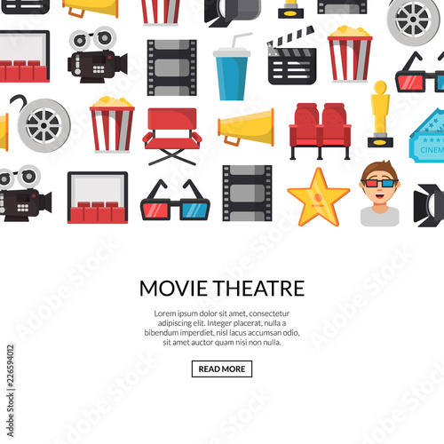 Vector flat cinema icons background with place for text illustration. Cinema film movie, video entertainment and cinematography