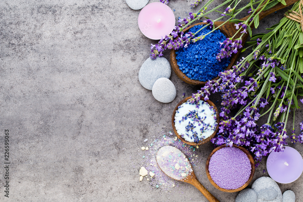 Essential lavender salt with flowers top view. Essential lavender salt with flowers top view.