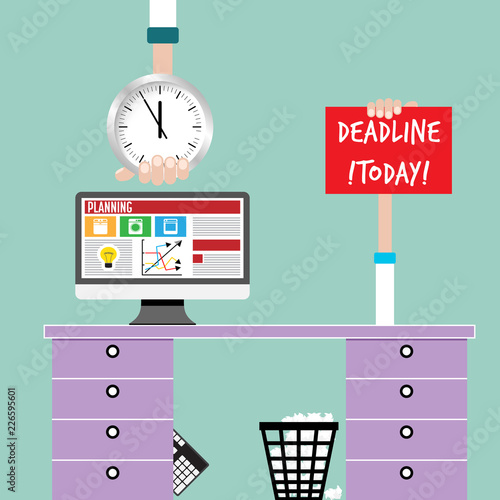 Topic of deadline and office desk. Vector concept for  printed materials, website, promotional materials.