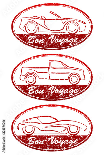 Set of 3 Bon Voyage grunge style oval red rubber stamps with cars. There are cabriolet, pickup and sport car.