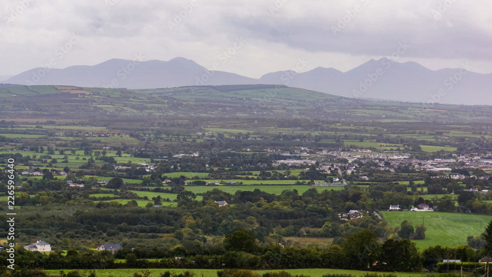 view of an Irish Valley with mountains behind in county Kerry, Ireland
