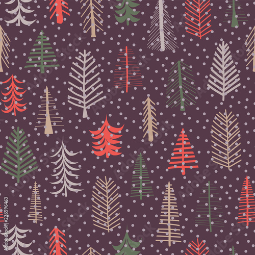 Christmas tree seamless pattern repeat tile. Green, brown, red doodle trees and snowflakes on purple background. Scandinavian Christmas design. Fabric, paper, gift wrap, card, web banner, invitations