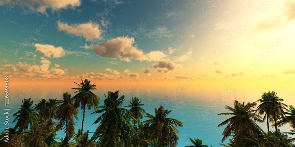 Tropical beach with palm trees at sunset