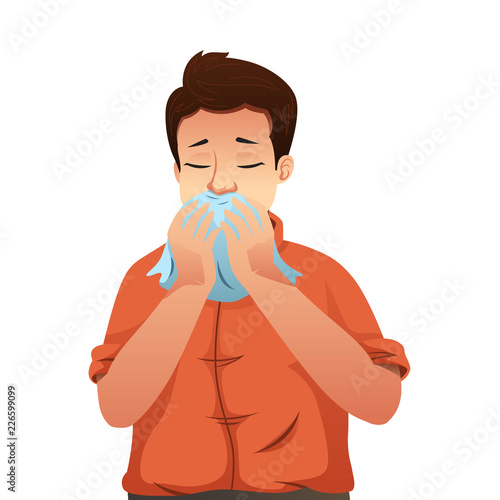 Sick Man Blowing His Nose on a Tissue