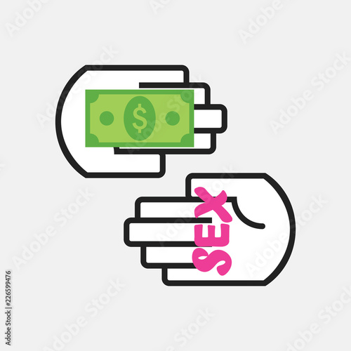 Conceptual two black line hands symbol holding pink word sex and dollar bill money icons on gray background