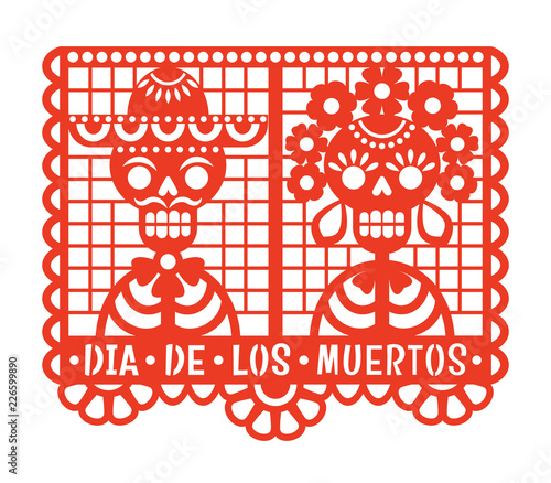 Dia de los Muertos. Papel Picado. Vector illustration of traditional Mexican paper cutting with Mariachi and Cartina skeletons. Isolated on white.