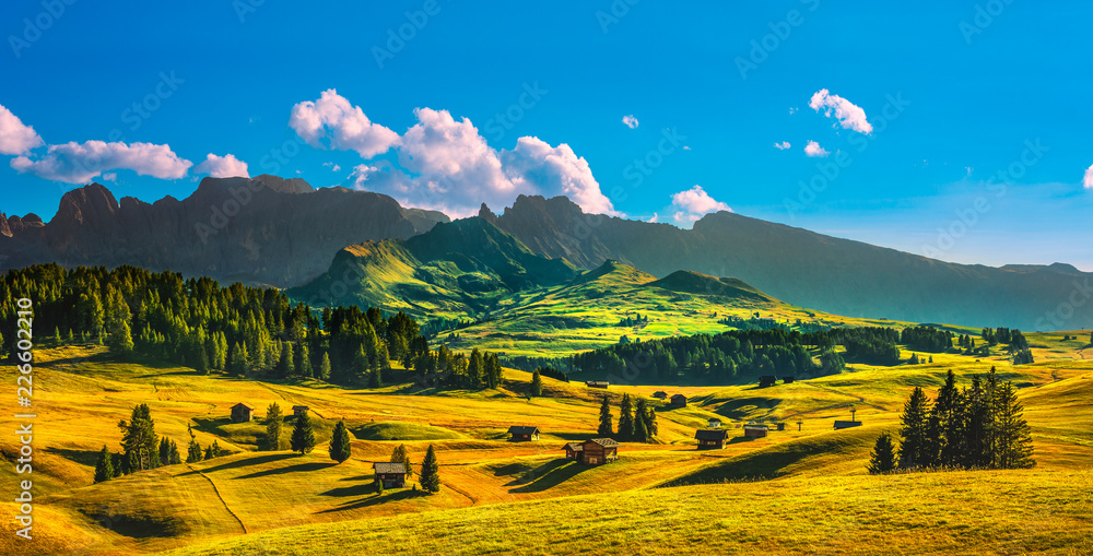 Alpe di Siusi or Seiser Alm, wooden huts view Dolomites Alps, Italy.