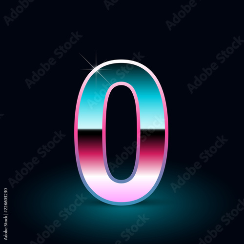 Retro number 0. 80s vector font isolated on black background