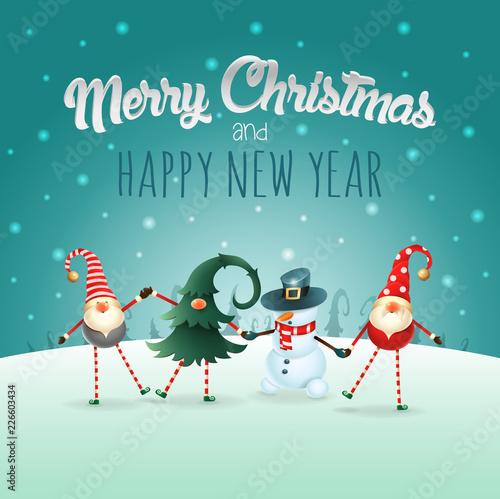 Merry Christmas and happy New Year greeting card with text - happy friends celebrate Christmas on winter landscape