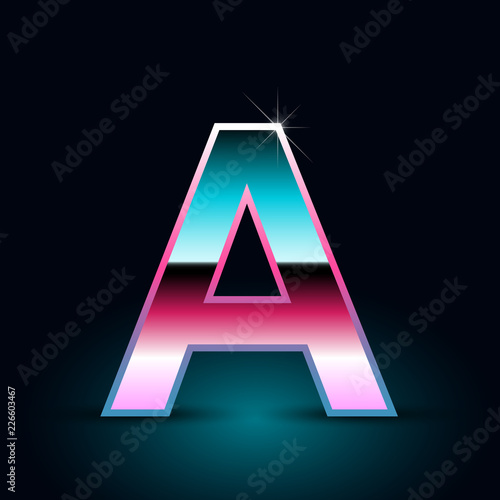 Retro letter A uppercase. 80s vector font isolated on black background
