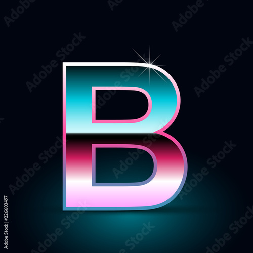 Retro letter B uppercase. 80s vector font isolated on black background