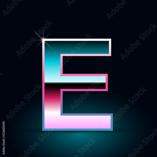 Retro letter E uppercase. 80s vector font isolated on black background