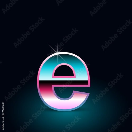 Retro letter E lowercase. 80s vector font isolated on black background