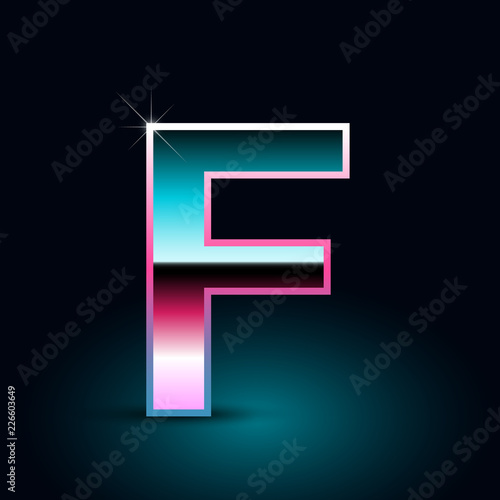 Retro letter F uppercase. 80s vector font isolated on black background