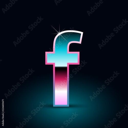 Retro letter F lowercase. 80s vector font isolated on black background