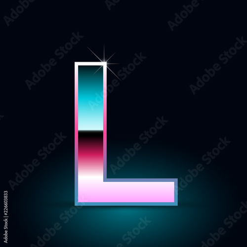 Retro letter L uppercase. 80s vector font isolated on black background