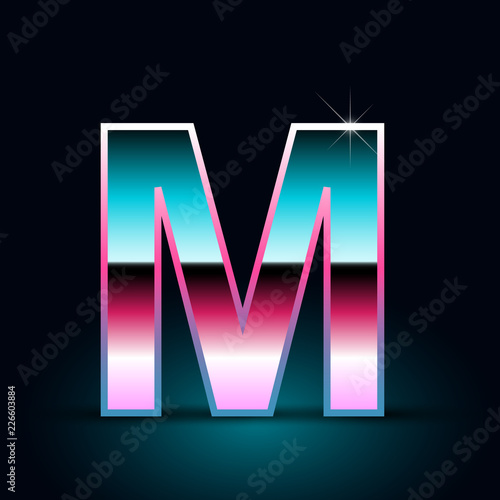 Retro letter M uppercase. 80s vector font isolated on black background