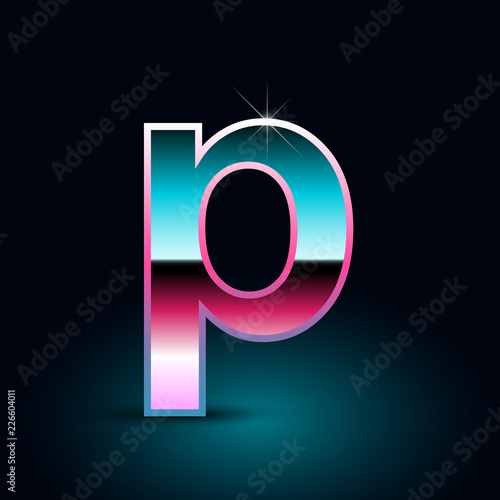 Retro letter P lowercase. 80s vector font isolated on black background