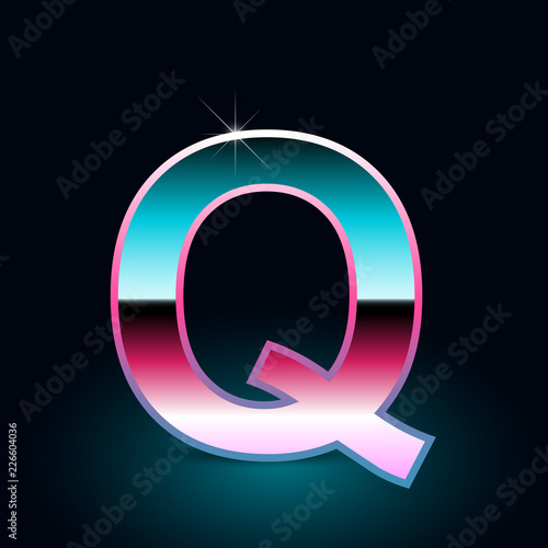 Retro letter Q uppercase. 80s vector font isolated on black background