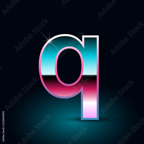 Retro letter Q lowercase. 80s vector font isolated on black background