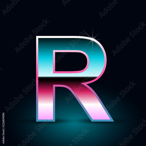 Retro letter R uppercase. 80s vector font isolated on black background