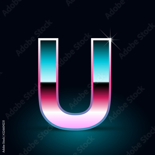 Retro letter U uppercase. 80s vector font isolated on black background