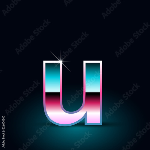 Retro letter U lowercase. 80s vector font isolated on black background