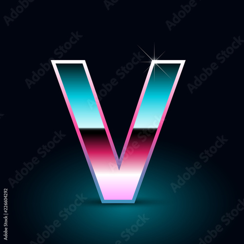 Retro letter V uppercase. 80s vector font isolated on black background