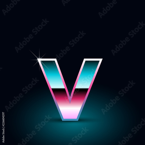 Retro letter V lowercase. 80s vector font isolated on black background