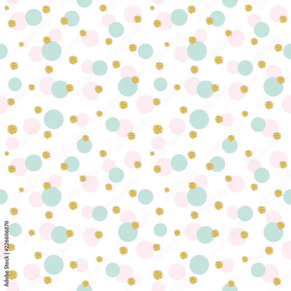 Glitter confetti polka dot pattern background. Golden and pastel colors. For birthday and scrapbook design.