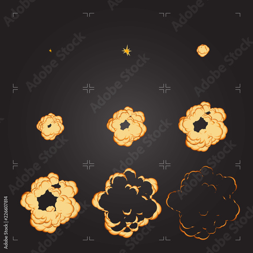 Flat explosion sprite sheet. Cartoon frames of a bang animation. Isolated design element for game or animation