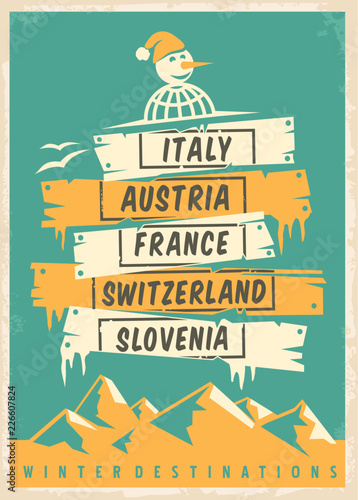 Travel agency retro promo poster design with popular winter destinations. Winter vacation vector ad template. Vintage flyer.