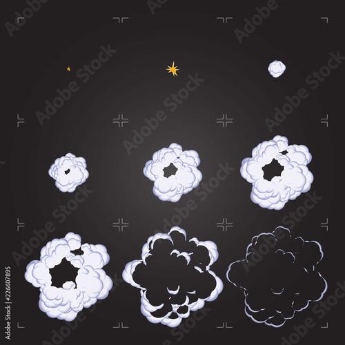 Flat explosion sprite sheet. Cartoon frames of a bang animation. Isolated design element for game or animation