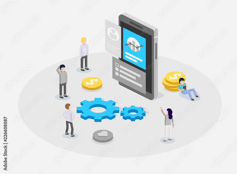 UX or UI design concept. People standing around device with infographic. Software group, kit for phone seo programming. UX, digital hero creative flat isometric. Vector illustration UX or UI design concept. People standing around device with infographic. Software group, kit for phone seo programming. UX, digital hero creative flat isometric. Vector illustration