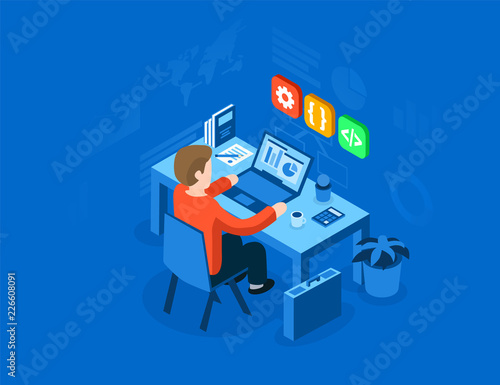 Programmer at work concept. Can use for web banner, infographics, hero images. Flat isometric vector illustration