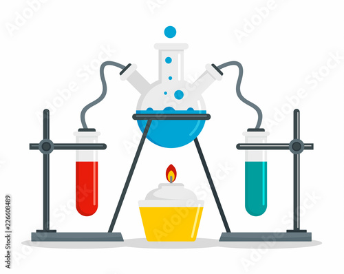 Chemical flask on stand concept background. Flat illustration of chemical flask on stand vector concept background for web design