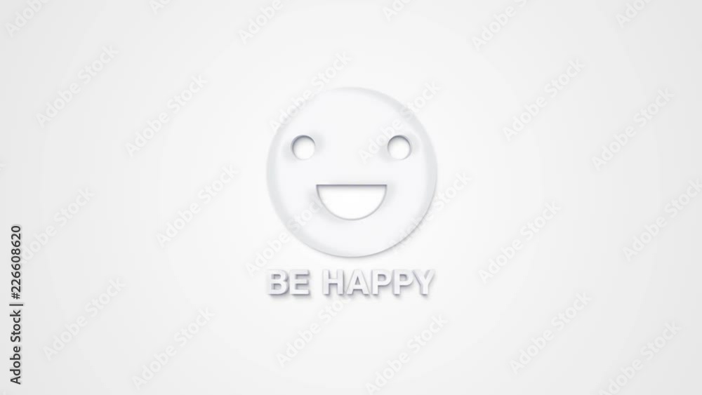 Animated white smiley with the words Be happy on a white background, 2D animation emoticon Animated white smiley with the words Be happy on a white background, 2D animation emoticon