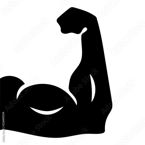 Simple arm flexing icon. Abstract black silhouette. Isolated on white