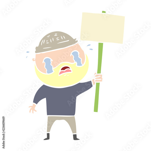 flat color style cartoon bearded protester crying