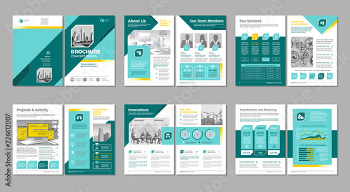 Brochure creative design. Multipurpose template with cover, back and inside pages. Trendy minimalist flat geometric design. Vertical a4 format.